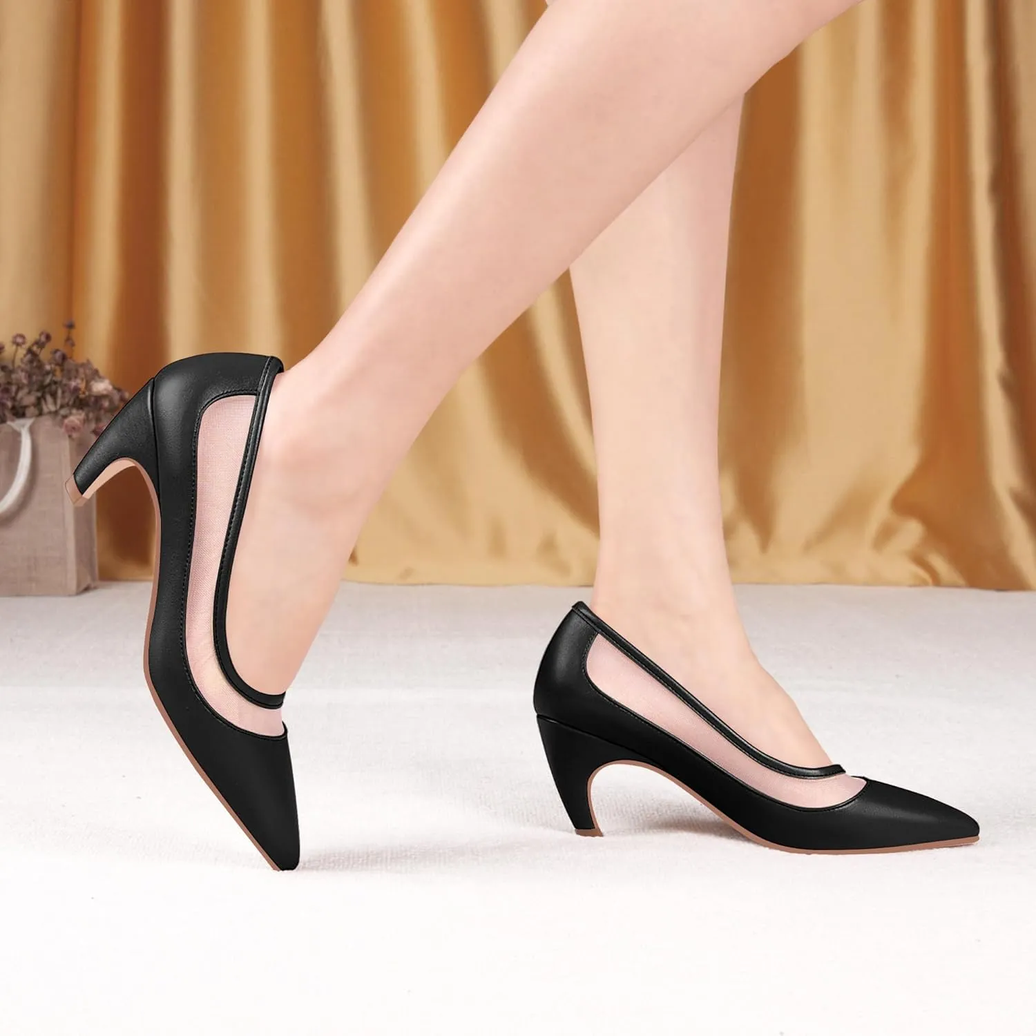 100FIXEO Women's Pointed Toe Mid Heel Pumps Snakeskin Print Mesh Slip On Dress Shoes