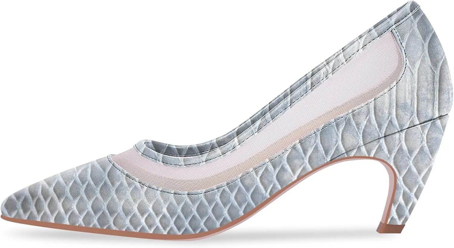 100FIXEO Women's Pointed Toe Mid Heel Pumps Snakeskin Print Mesh Slip On Dress Shoes