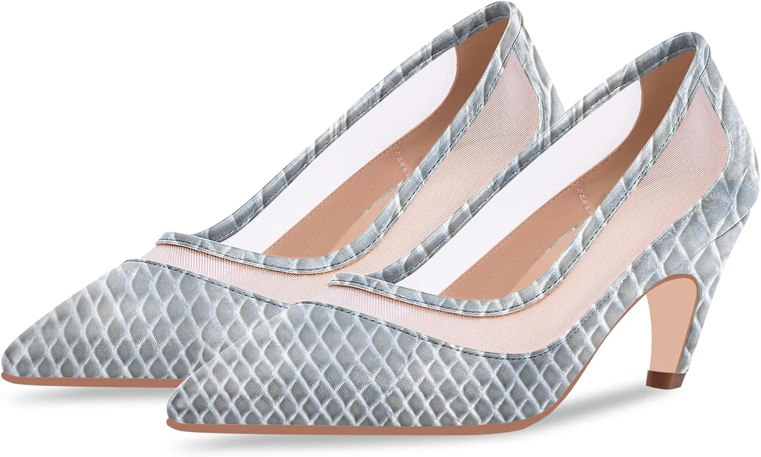 100FIXEO Women's Pointed Toe Mid Heel Pumps Snakeskin Print Mesh Slip On Dress Shoes