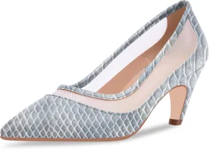 100FIXEO Women's Pointed Toe Mid Heel Pumps Snakeskin Print Mesh Slip On Dress Shoes