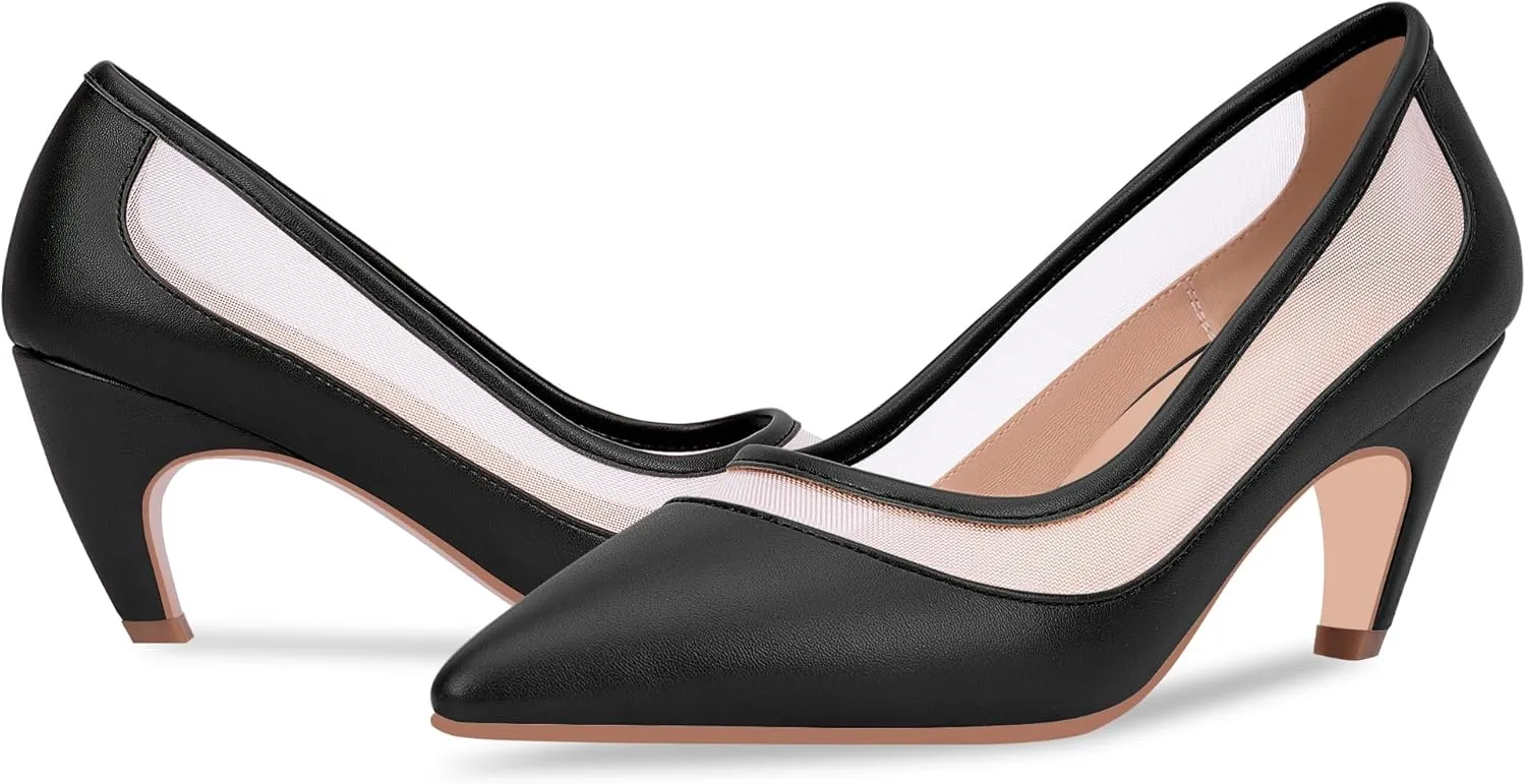 100FIXEO Women's Pointed Toe Mid Heel Pumps Snakeskin Print Mesh Slip On Dress Shoes