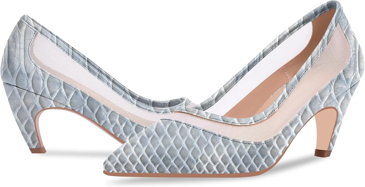 100FIXEO Women's Pointed Toe Mid Heel Pumps Snakeskin Print Mesh Slip On Dress Shoes