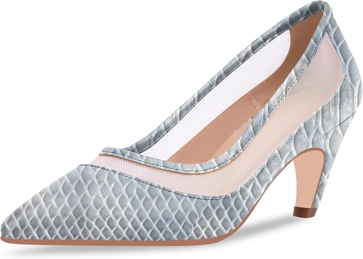 100FIXEO Women's Pointed Toe Mid Heel Pumps Snakeskin Print Mesh Slip On Dress Shoes