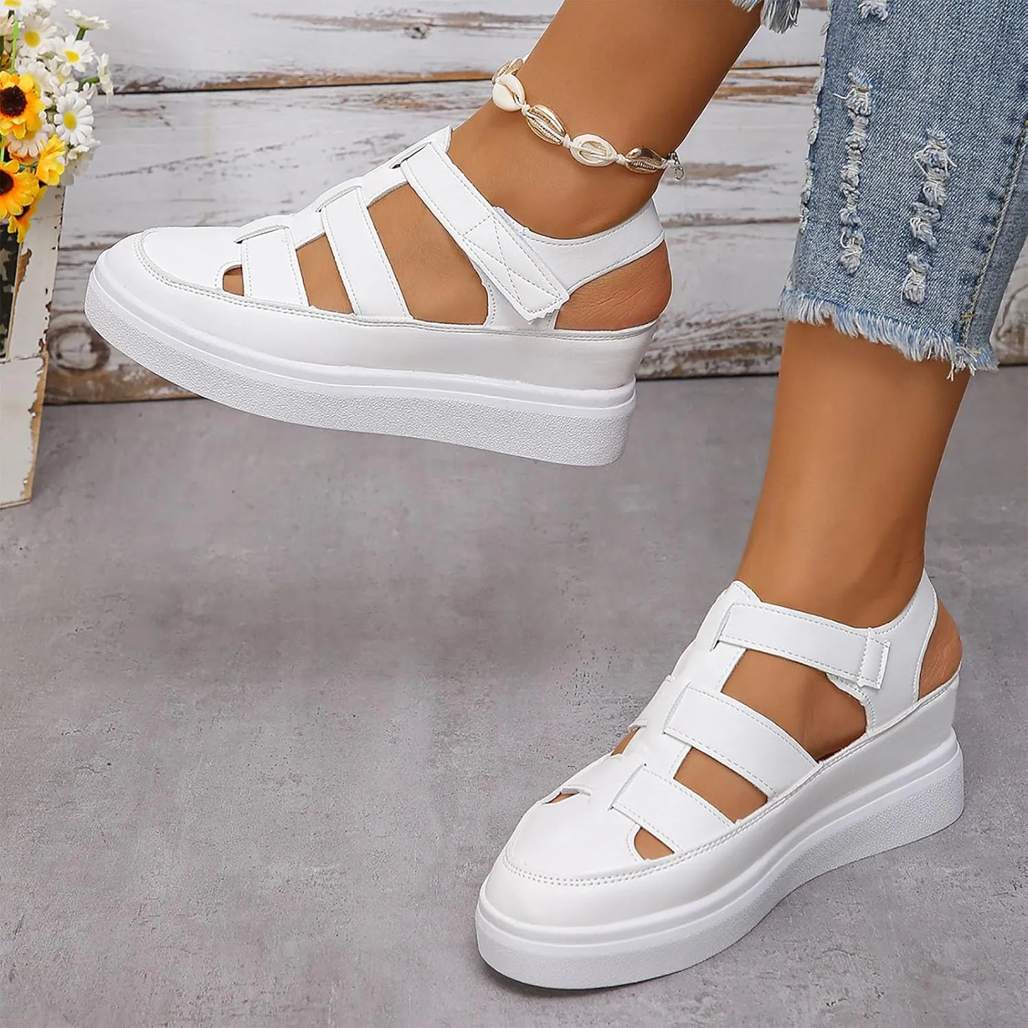 2024 Summer Women's Wedge Heel Thick Sole With Elevated Hollow Out Fashion Sports Sandals Rose Dress Sandals for Women