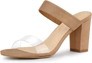 Allegra K Women's Dual Clear Strap Block Heels Slides Sandals