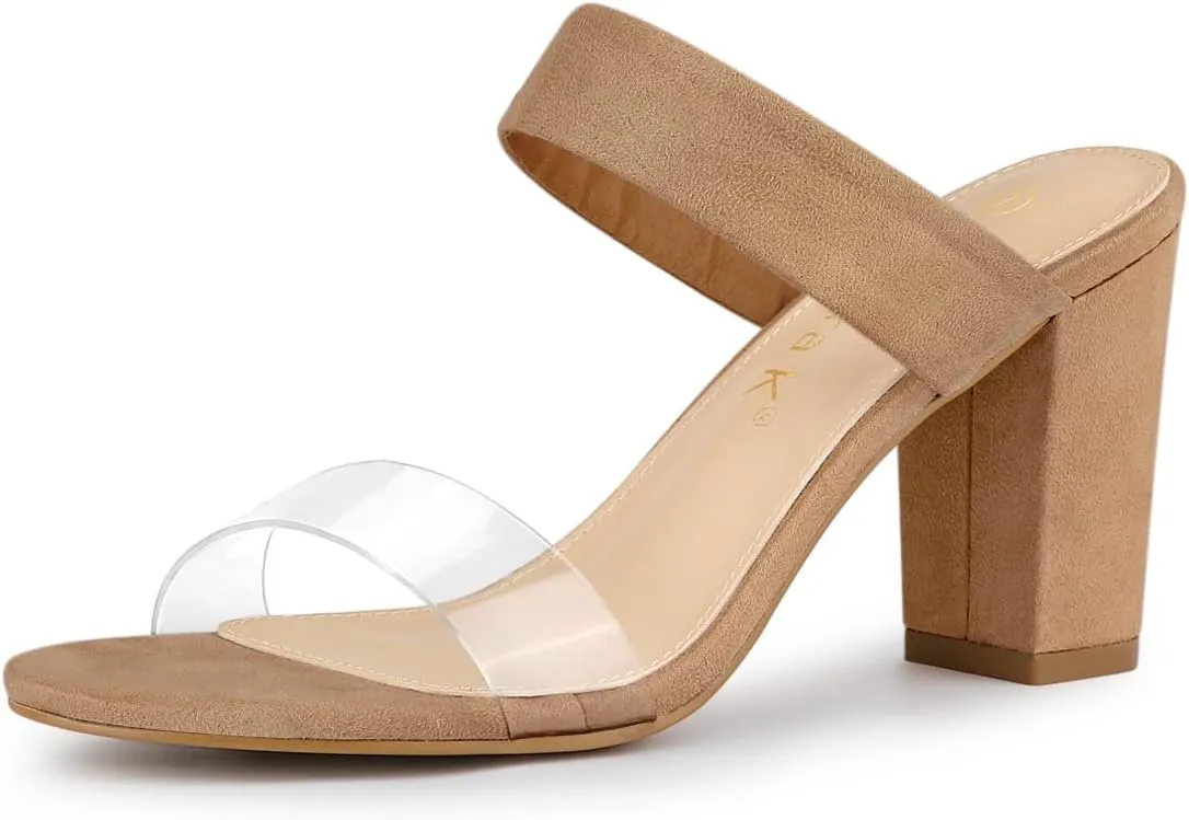Allegra K Women's Dual Clear Strap Block Heels Slides Sandals