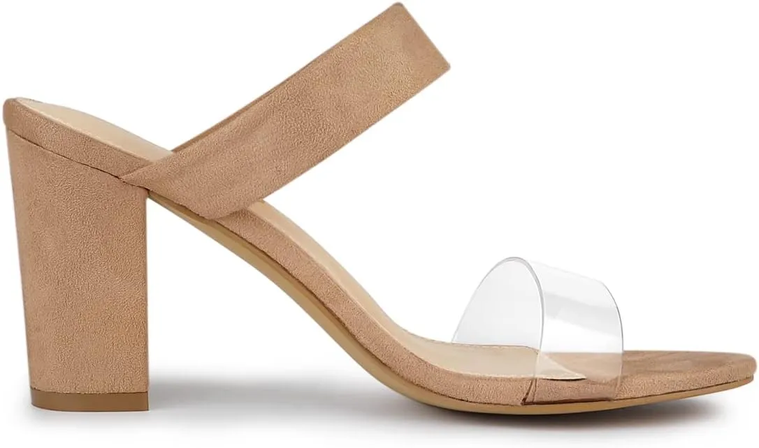 Allegra K Women's Dual Clear Strap Block Heels Slides Sandals