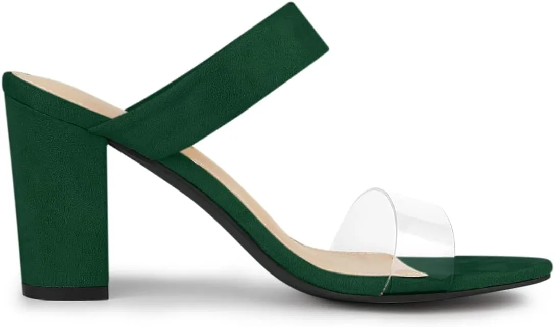 Allegra K Women's Dual Clear Strap Block Heels Slides Sandals