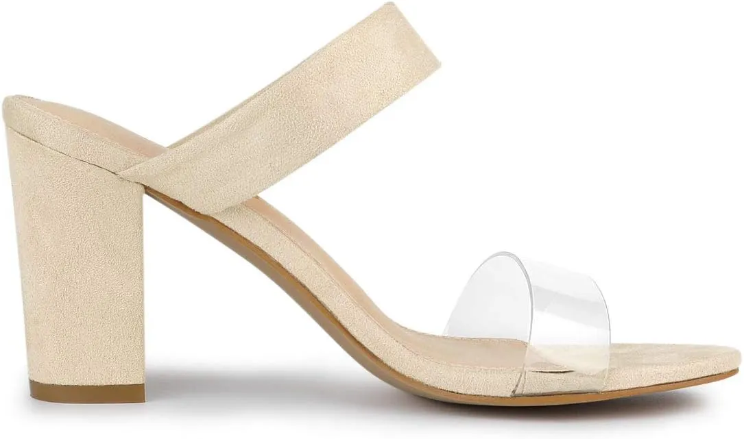 Allegra K Women's Dual Clear Strap Block Heels Slides Sandals