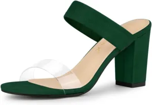 Allegra K Women's Dual Clear Strap Block Heels Slides Sandals