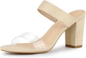 Allegra K Women's Dual Clear Strap Block Heels Slides Sandals