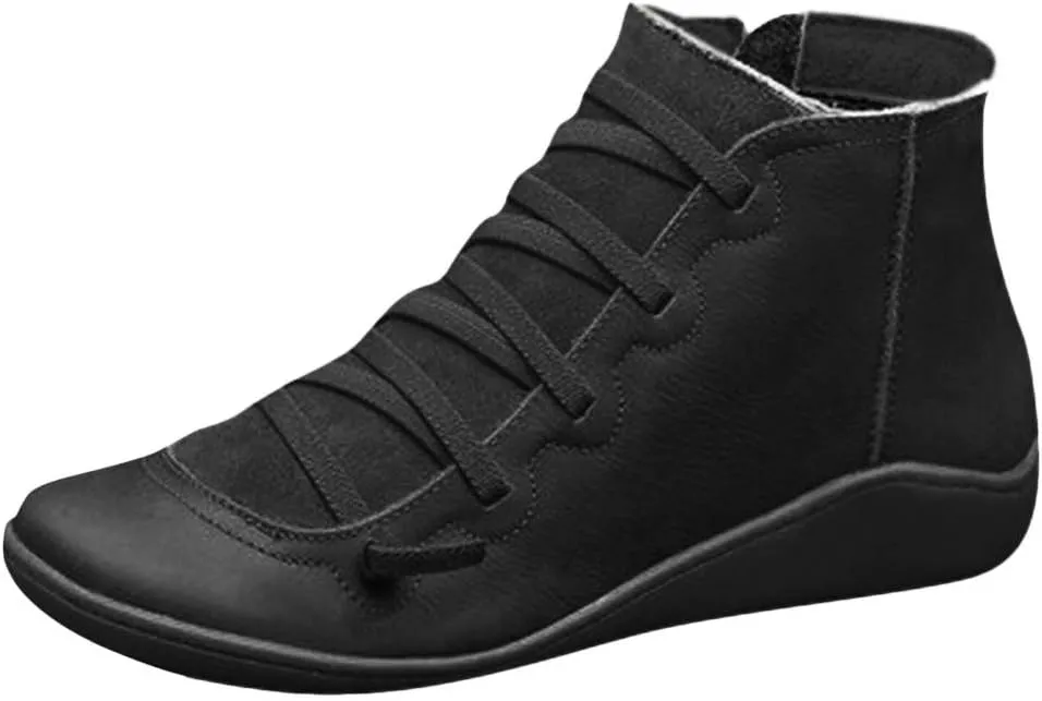 Ankle Boots for Women No Heel,2019 New Arch Support Booties Side Zip-up Vintage Leather Damping Shoes Flat Heel Booties