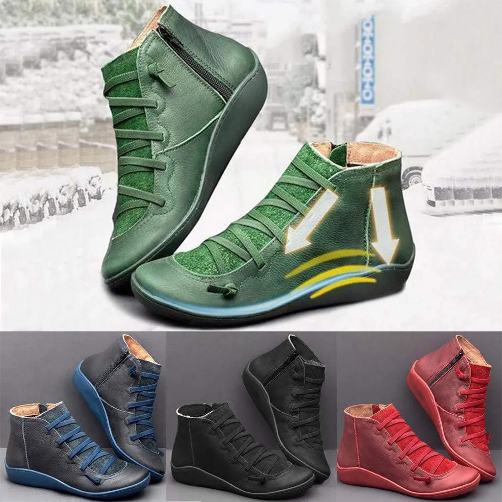Ankle Boots for Women No Heel,2019 New Arch Support Booties Side Zip-up Vintage Leather Damping Shoes Flat Heel Booties