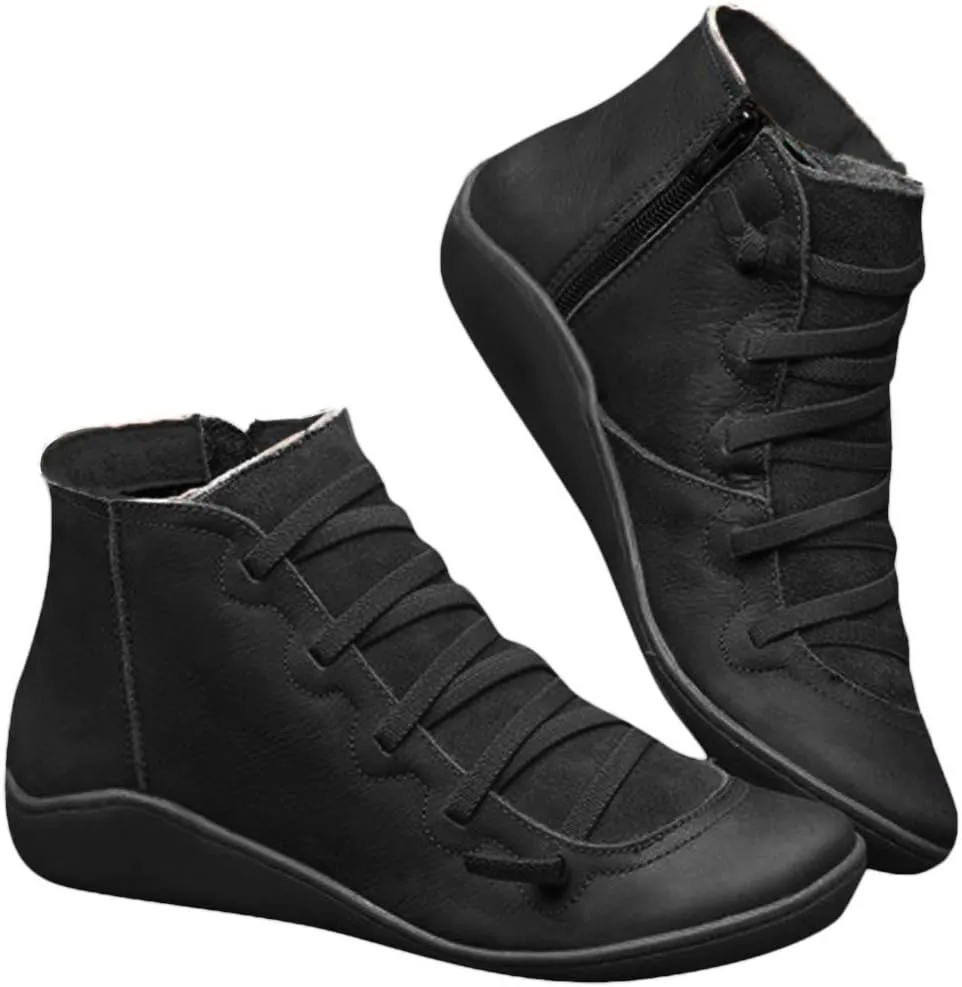 Ankle Boots for Women No Heel,2019 New Arch Support Booties Side Zip-up Vintage Leather Damping Shoes Flat Heel Booties
