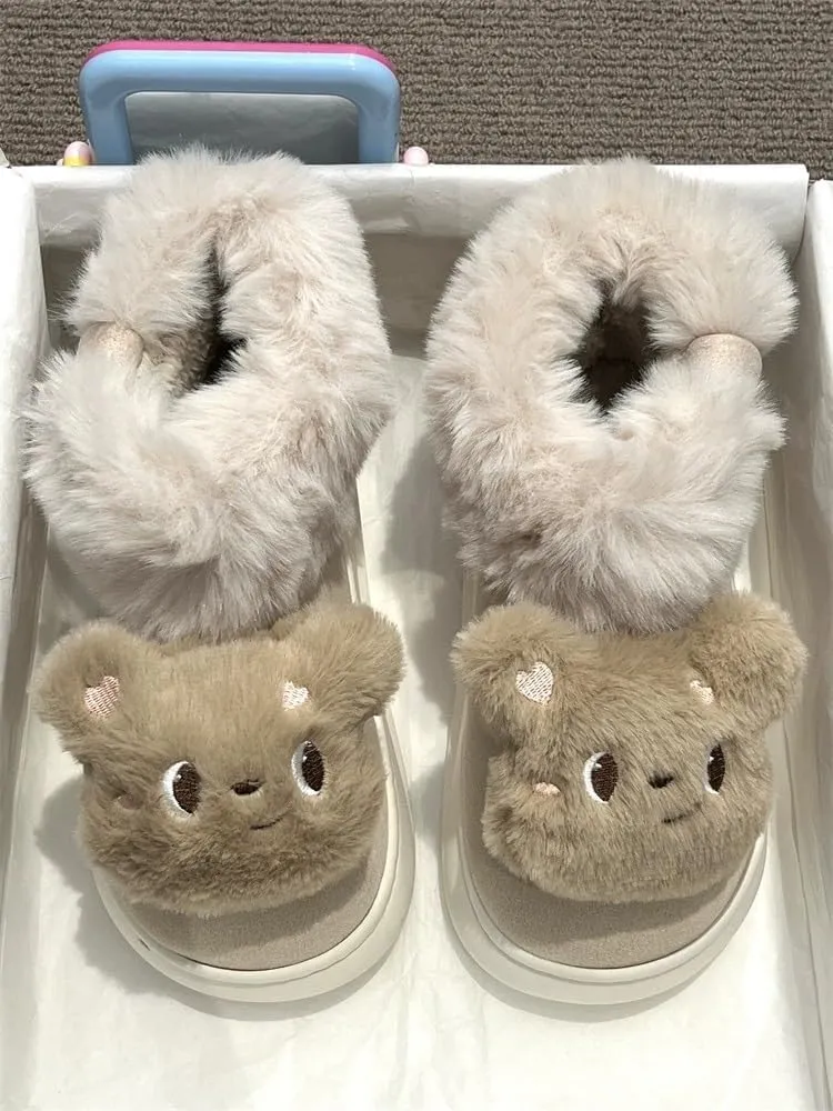 Bear Platform Boots Women's Snow Boots Chunky Winter Shoes Aesthetic Cute Cartoon Thick Sole Kawaii Plush Fuzzy Fluffy
