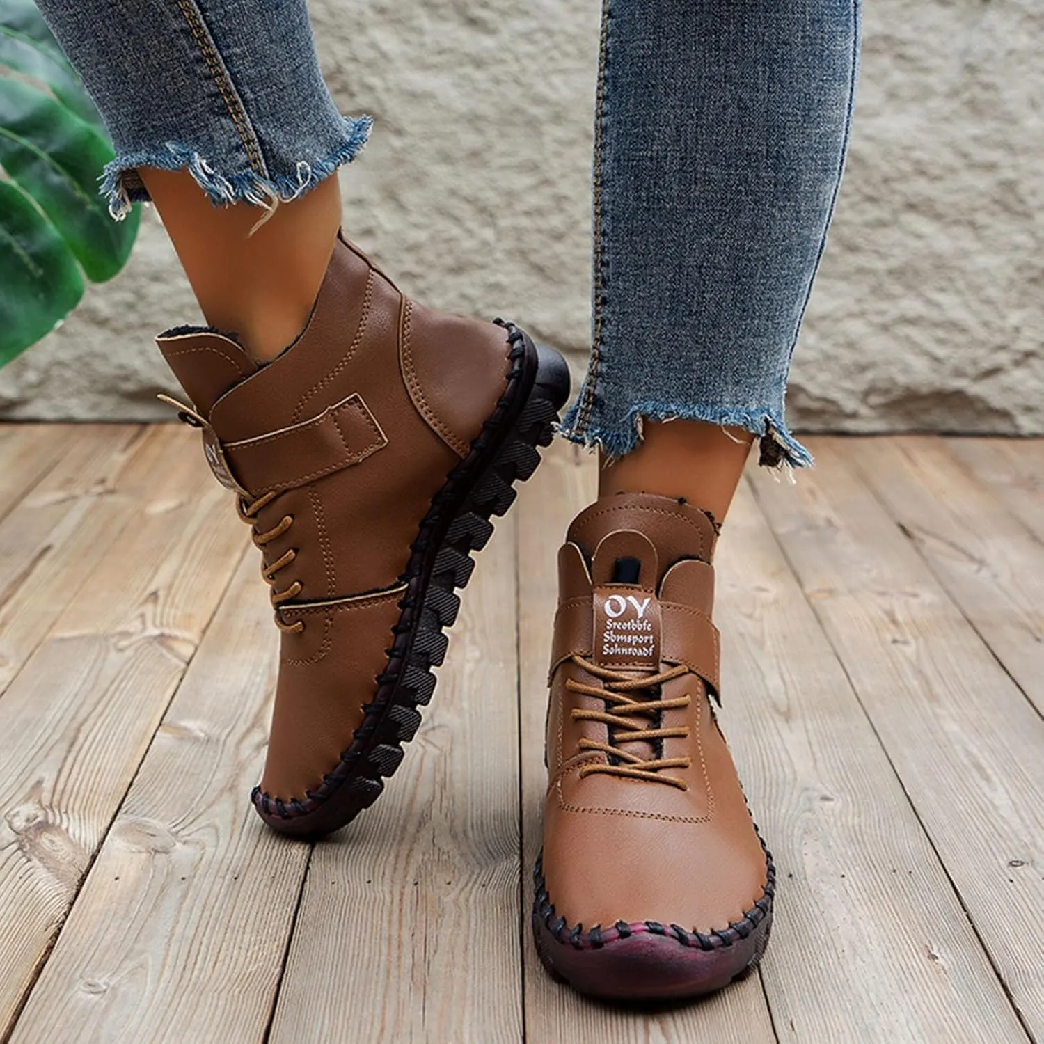 Boots for Women Plush Warm Thick Sole Lace Up Casual Womens Boots PU Leather Anti-slip Winter Boots for Women