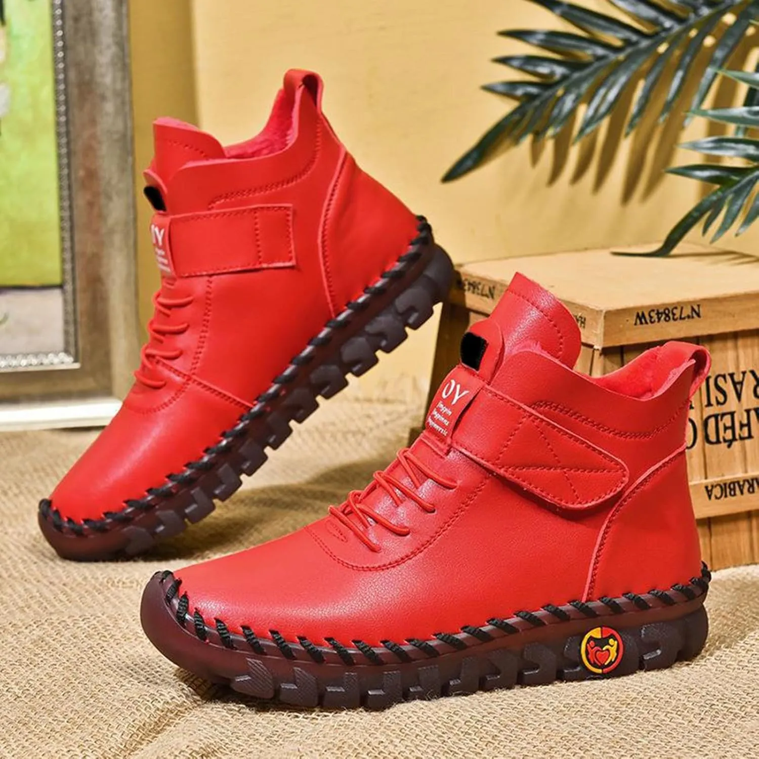 Boots for Women Plush Warm Thick Sole Lace Up Casual Womens Boots PU Leather Anti-slip Winter Boots for Women