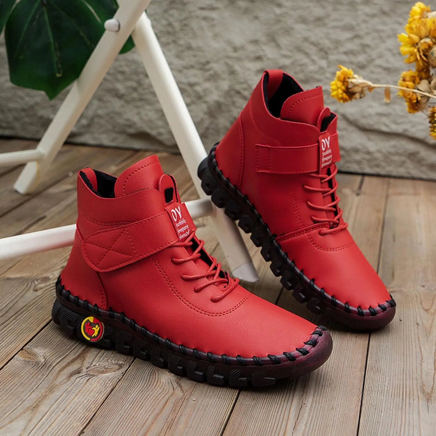 Boots for Women Plush Warm Thick Sole Lace Up Casual Womens Boots PU Leather Anti-slip Winter Boots for Women