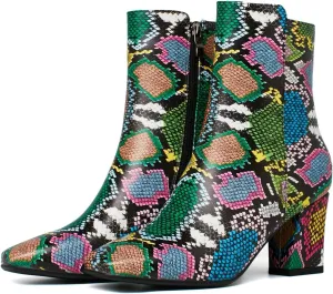 Caradise Womens High Chunky Heeled Boots Zip Up Square Toe Ankle Booties Size 11 B(M) US,Multicoloured Snake