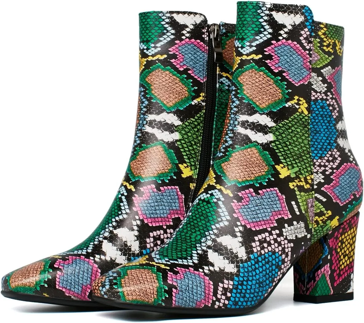 Caradise Womens High Chunky Heeled Boots Zip Up Square Toe Ankle Booties Size 11 B(M) US,Multicoloured Snake