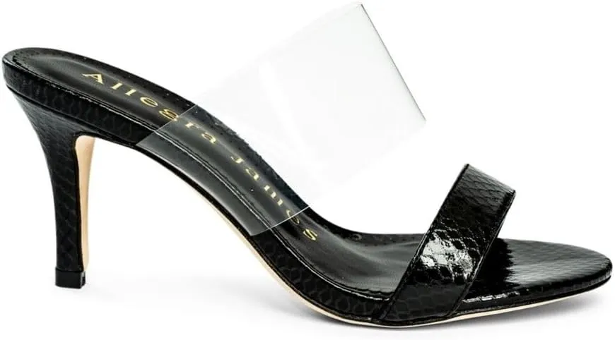 Chelsea Mid Heel Sandals for Women, Slip-On Heeled Sandals with Clear Strap with real Embossed Leather, Stylish Open Toe Heels for Parties, Weddings, and Everyday Wear