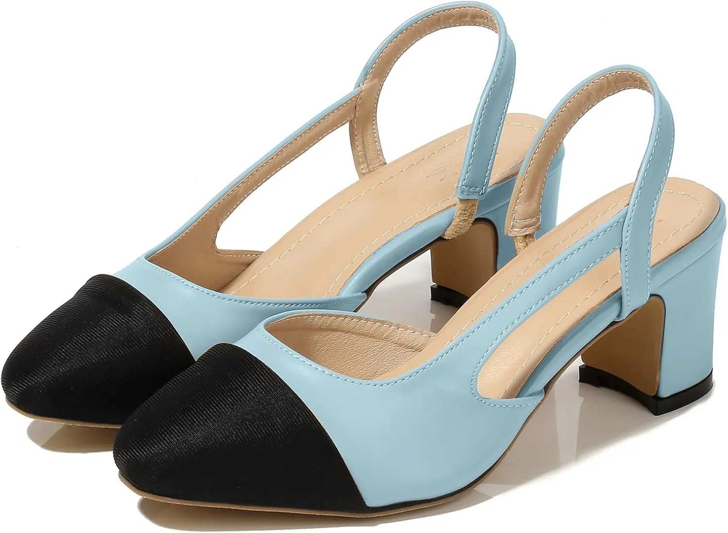 CKSNDLF Women Slingback Pumps Chunky High Heels Splicing Round Toe Comfortable Casual Wedding Shoes for Women Dress Shoes