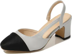 CKSNDLF Women Slingback Pumps Chunky High Heels Splicing Round Toe Comfortable Casual Wedding Shoes for Women Dress Shoes