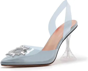 Clear Heels For Women,Crystal Rhinestones Slingback Wedding Shoes,Pointed Toe High Heel Womens Sandals