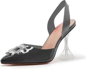 Clear Heels For Women,Crystal Rhinestones Slingback Wedding Shoes,Pointed Toe High Heel Womens Sandals