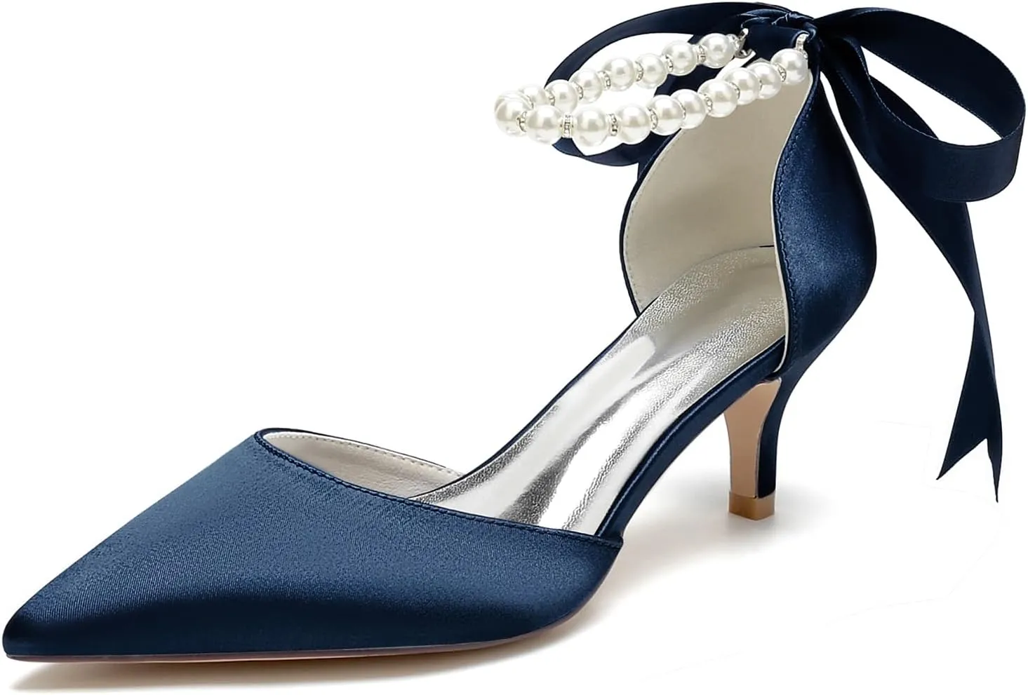 Closed Toe Pearl Kitten Heels Satin Wedding Shoes for Bride Low Heels with Bow Bridal Heels for Women Prom Evening Party Dress Shoes Pumps