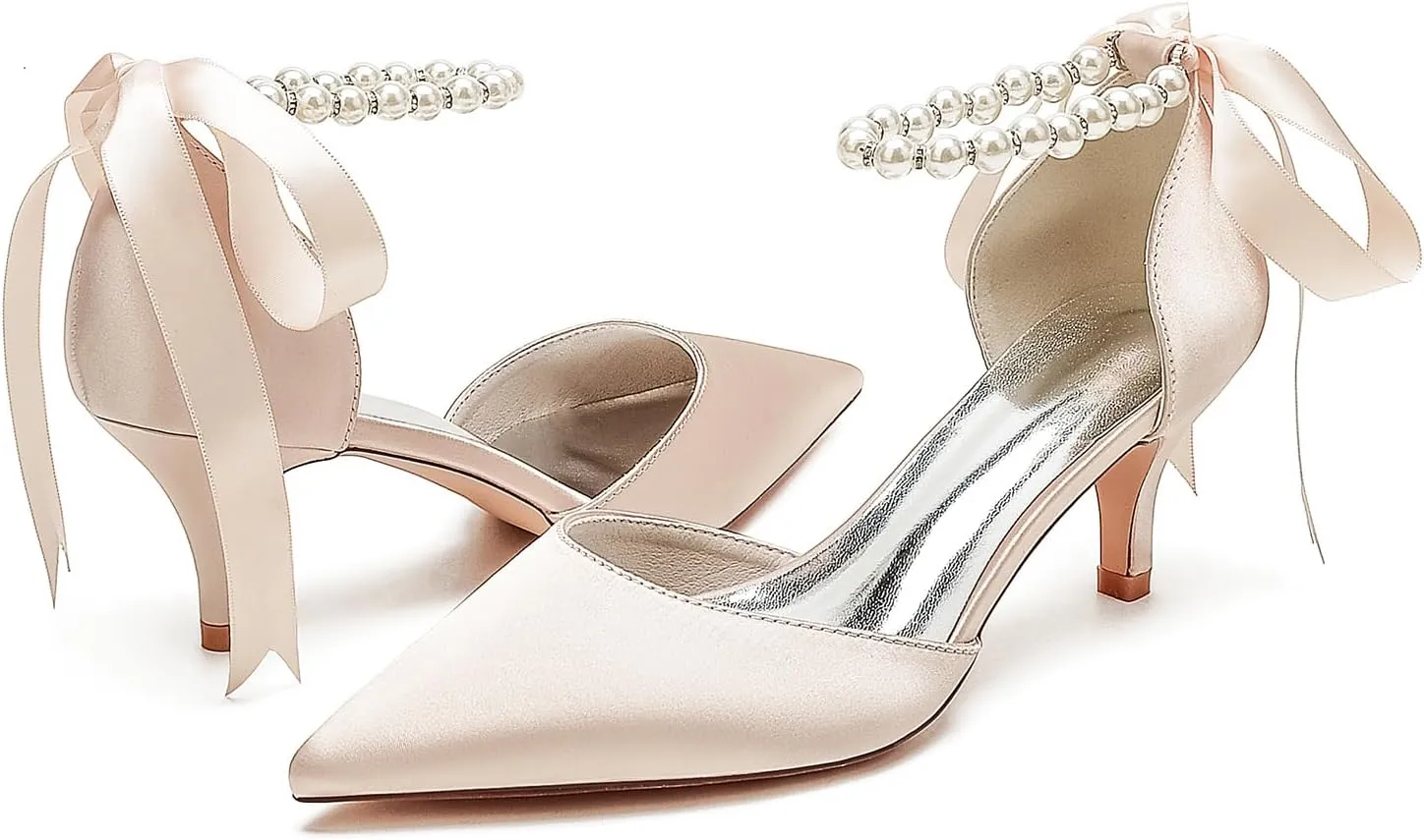 Closed Toe Pearl Kitten Heels Satin Wedding Shoes for Bride Low Heels with Bow Bridal Heels for Women Prom Evening Party Dress Shoes Pumps