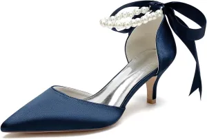 Closed Toe Pearl Kitten Heels Satin Wedding Shoes for Bride Low Heels with Bow Bridal Heels for Women Prom Evening Party Dress Shoes Pumps