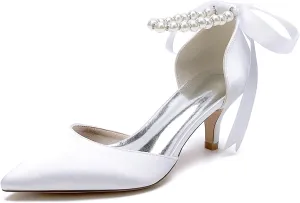 Closed Toe Pearl Kitten Heels Satin Wedding Shoes for Bride Low Heels with Bow Bridal Heels for Women Prom Evening Party Dress Shoes Pumps