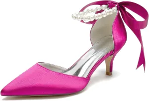 Closed Toe Pearl Kitten Heels Satin Wedding Shoes for Bride Low Heels with Bow Bridal Heels for Women Prom Evening Party Dress Shoes Pumps