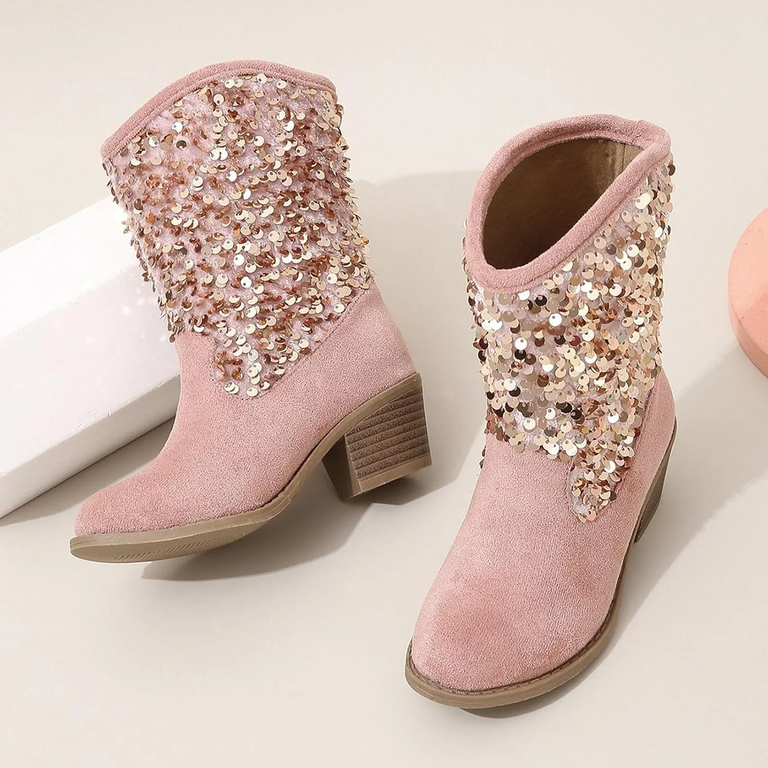 Cowgirl Boots for Girls Mid Calf Pointed Toe High Heeled Western Boots Kids Side Zipper Toddler Girl Winter Boots