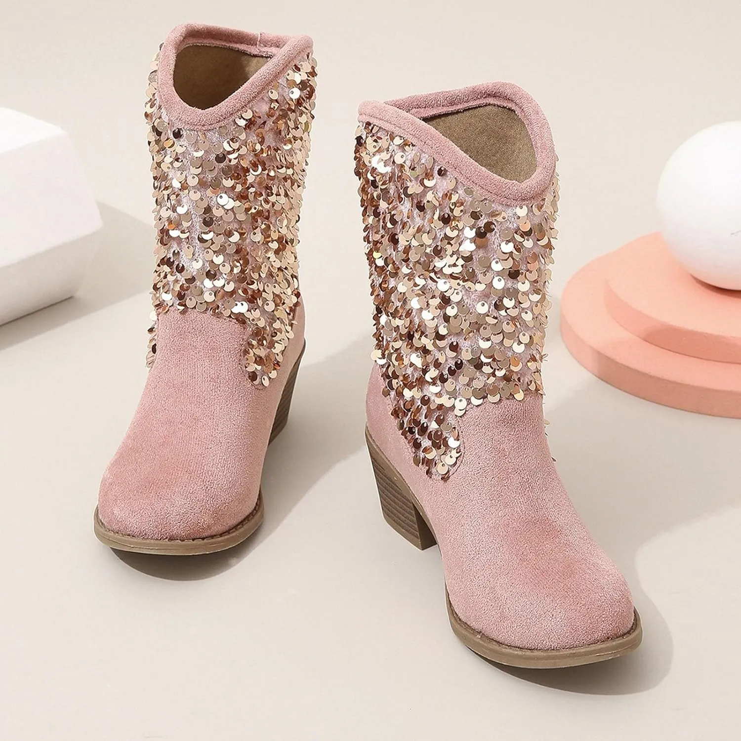 Cowgirl Boots for Girls Mid Calf Pointed Toe High Heeled Western Boots Kids Side Zipper Toddler Girl Winter Boots