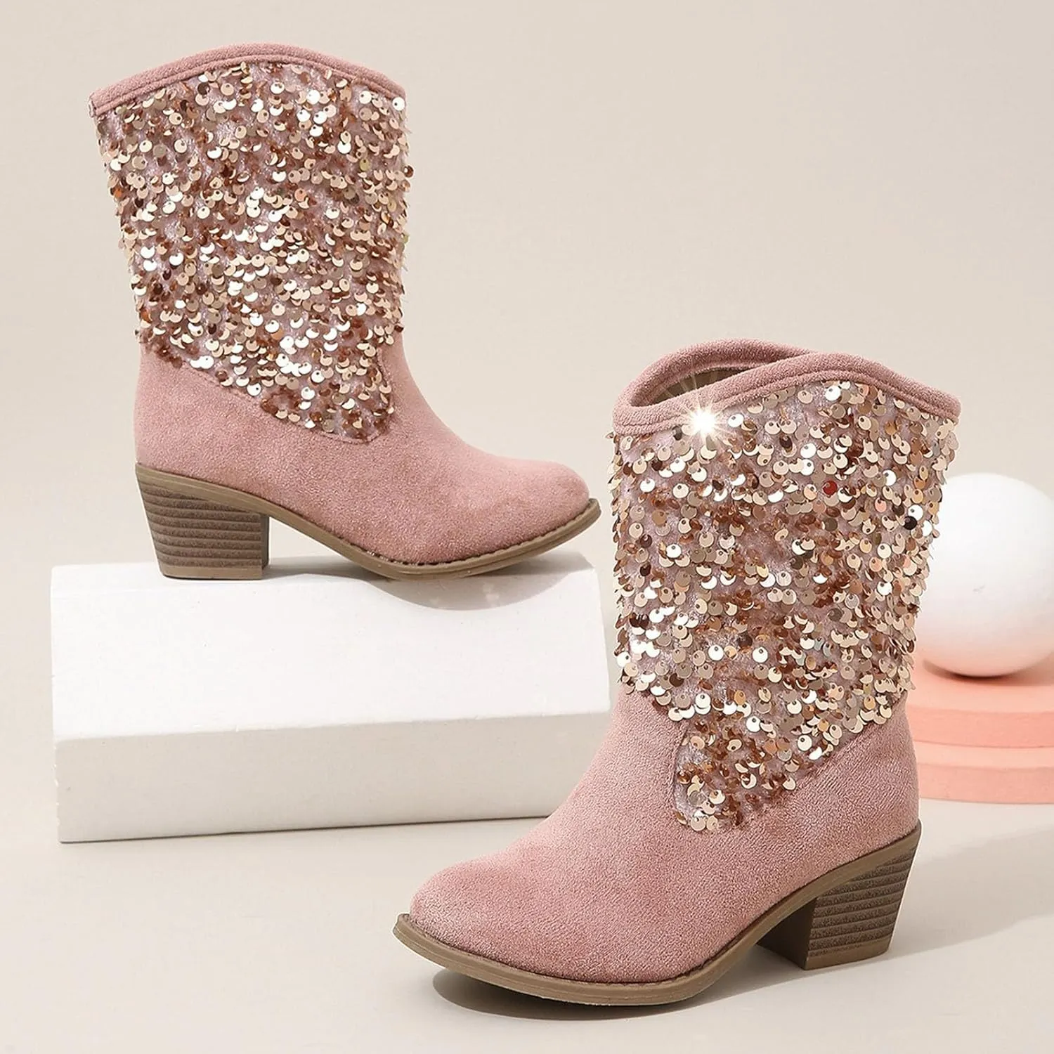 Cowgirl Boots for Girls Mid Calf Pointed Toe High Heeled Western Boots Kids Side Zipper Toddler Girl Winter Boots