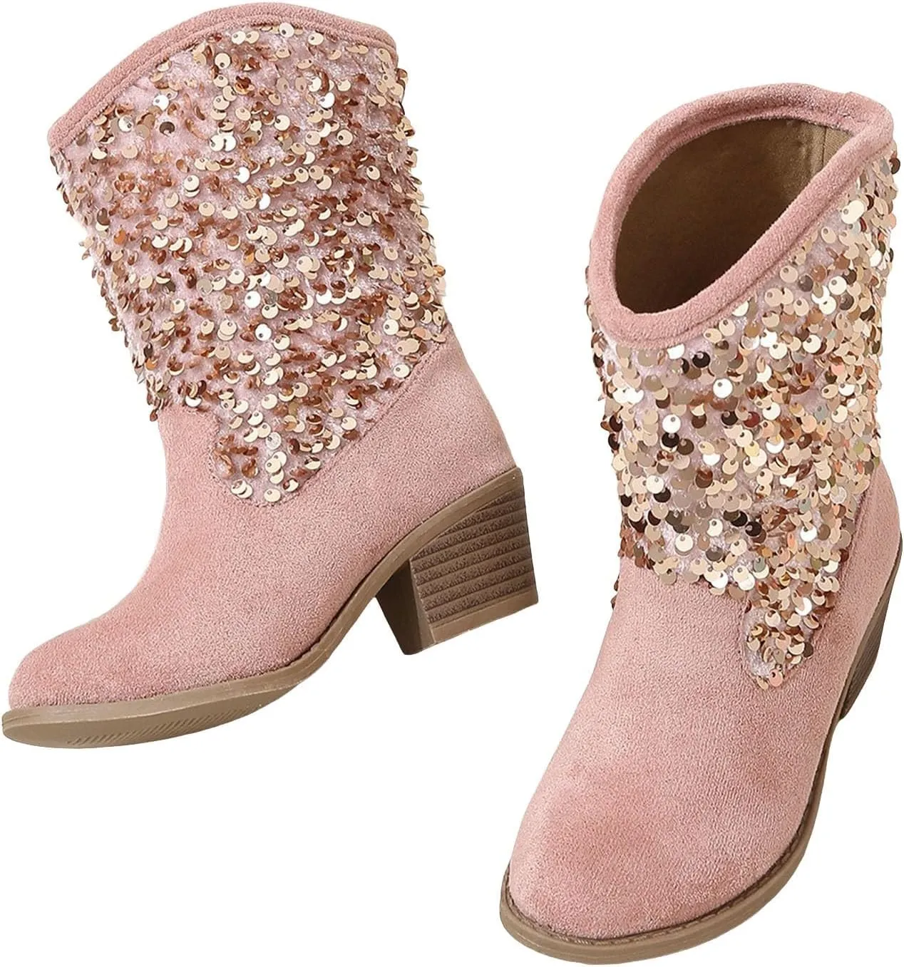 Cowgirl Boots for Girls Mid Calf Pointed Toe High Heeled Western Boots Kids Side Zipper Toddler Girl Winter Boots