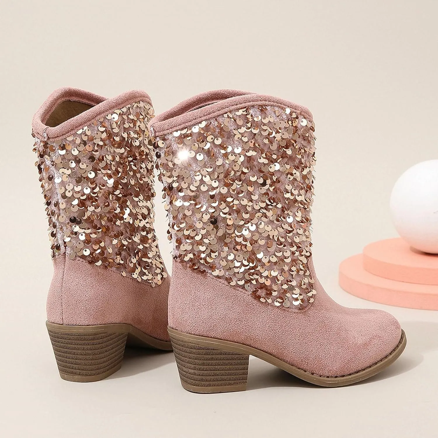 Cowgirl Boots for Girls Mid Calf Pointed Toe High Heeled Western Boots Kids Side Zipper Toddler Girl Winter Boots