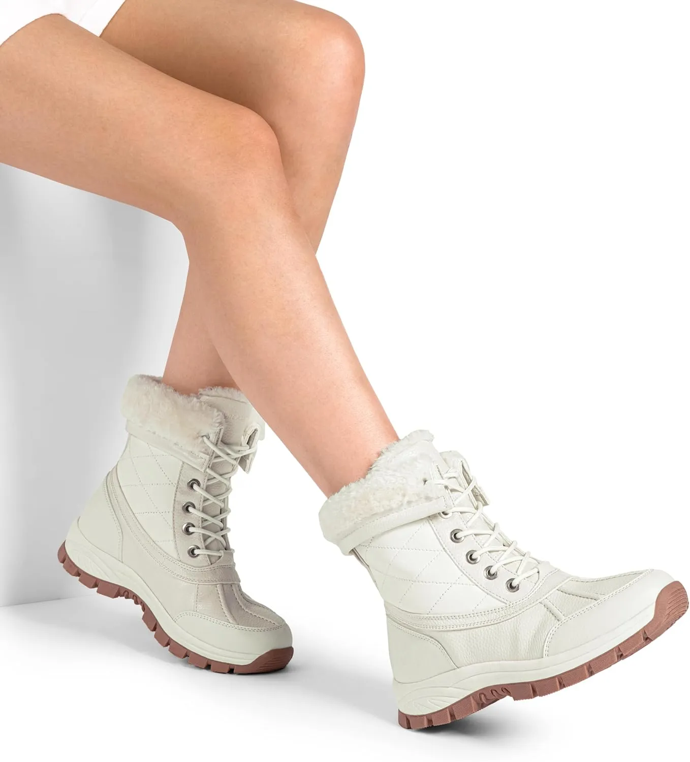 DREAM PAIRS Snow Boots for Women Waterproof Mid Calf Lace Up Duck Boots Warm Faux Fur FuzzyGo Bold Winter Boots for Outdoor