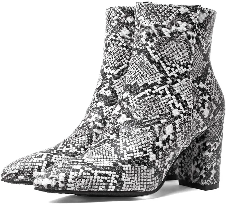 Elbslutt Women's Snake Print Booties Pointy Toe Chunky Heeled Zip Up Ankle Boots