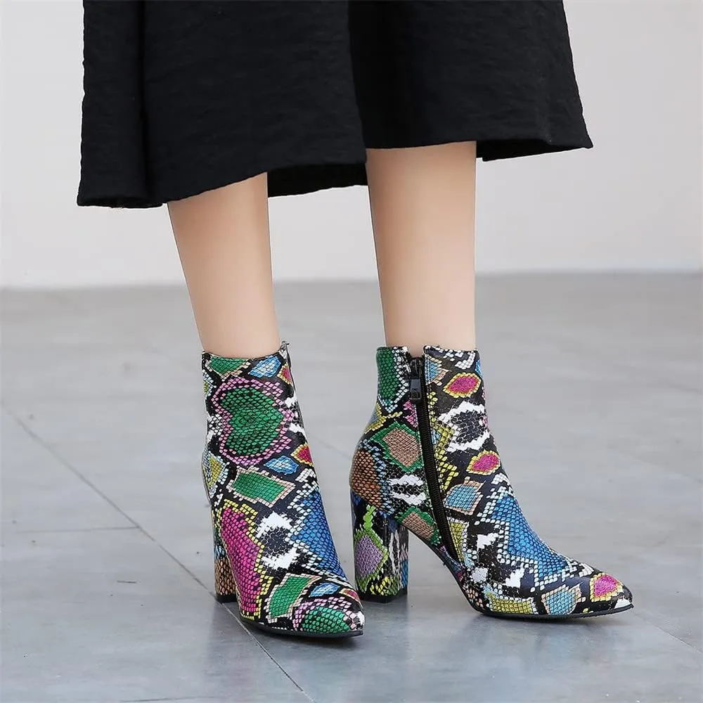 Elbslutt Women's Snake Print Booties Pointy Toe Chunky Heeled Zip Up Ankle Boots