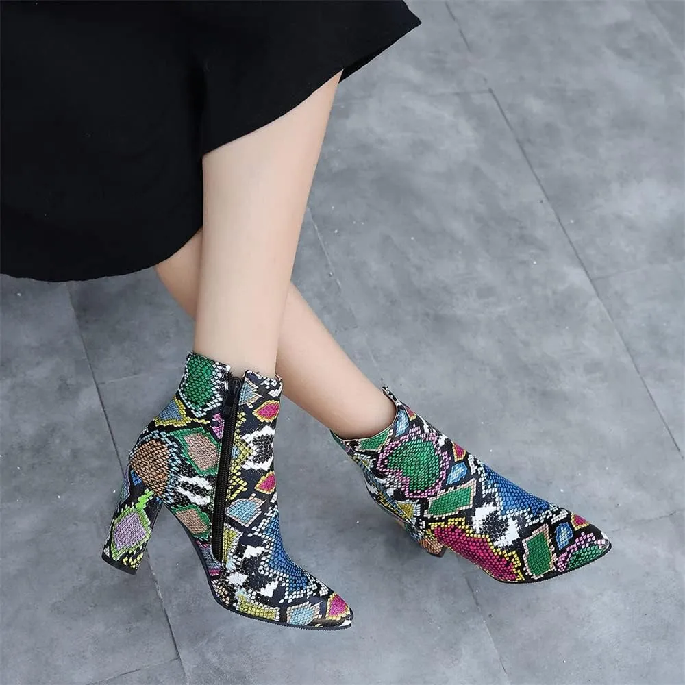 Elbslutt Women's Snake Print Booties Pointy Toe Chunky Heeled Zip Up Ankle Boots