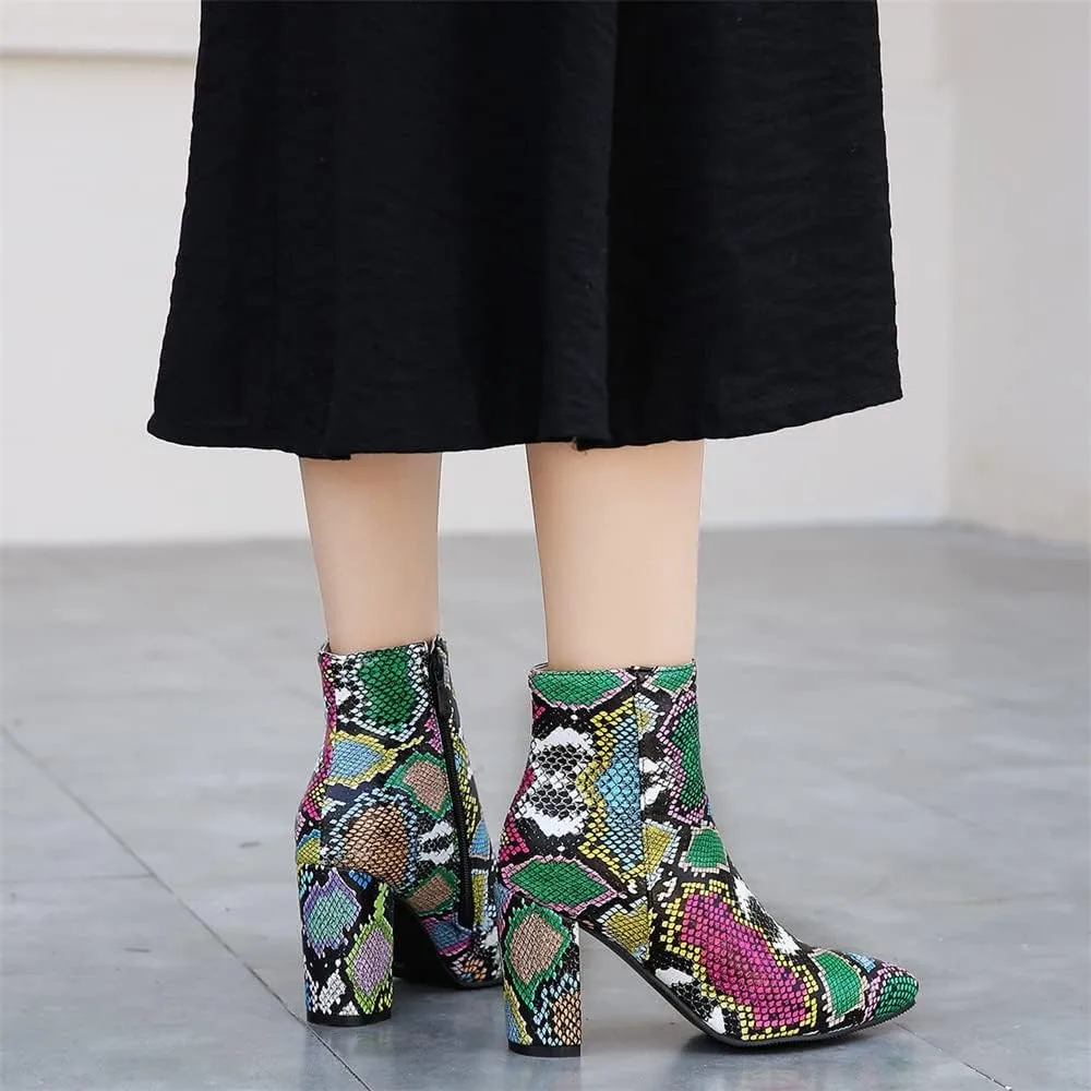 Elbslutt Women's Snake Print Booties Pointy Toe Chunky Heeled Zip Up Ankle Boots