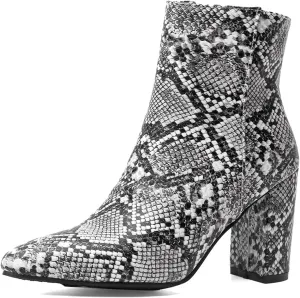 Elbslutt Women's Snake Print Booties Pointy Toe Chunky Heeled Zip Up Ankle Boots