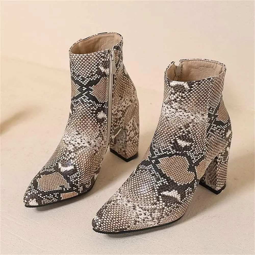 Elbslutt Women's Snake Print Booties Pointy Toe Chunky Heeled Zip Up Ankle Boots