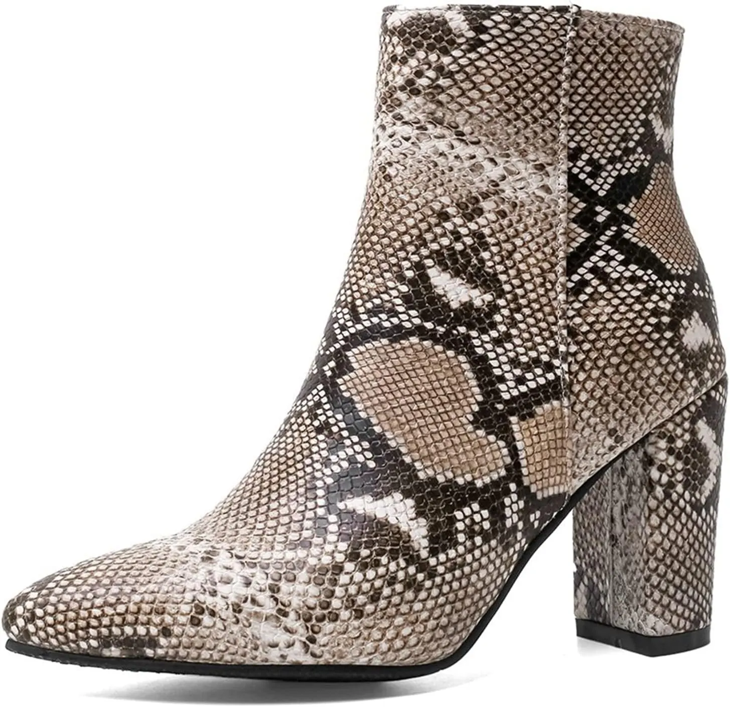 Elbslutt Women's Snake Print Booties Pointy Toe Chunky Heeled Zip Up Ankle Boots