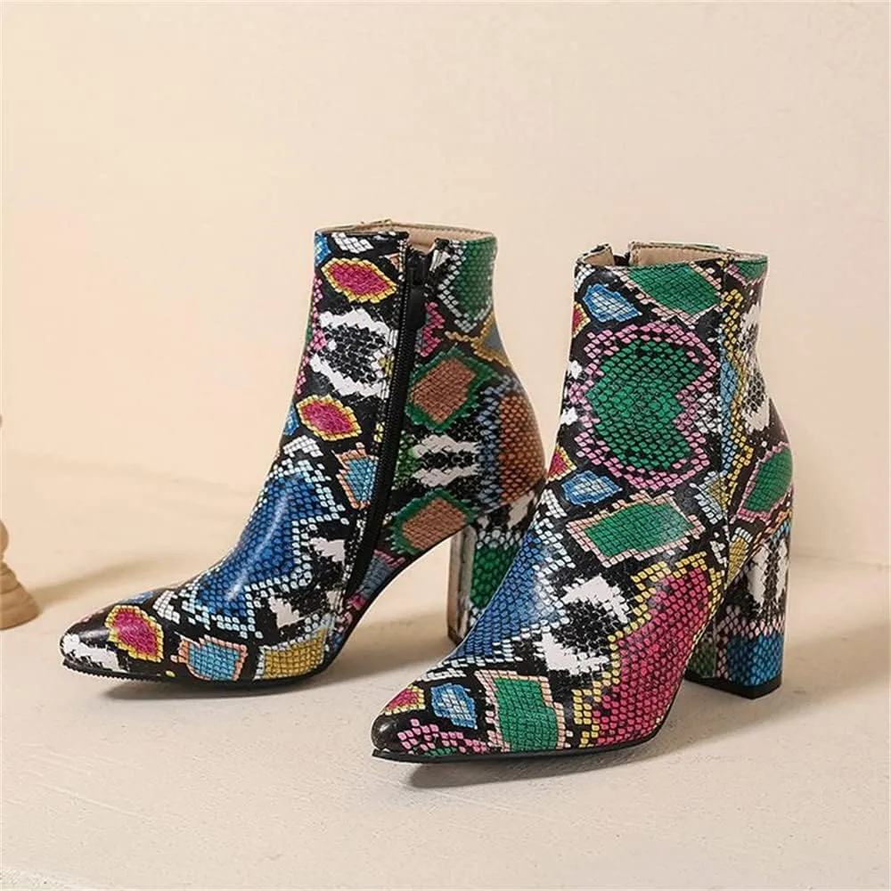 Elbslutt Women's Snake Print Booties Pointy Toe Chunky Heeled Zip Up Ankle Boots