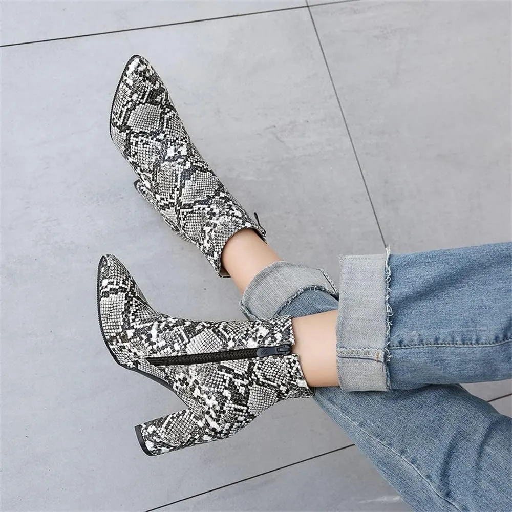 Elbslutt Women's Snake Print Booties Pointy Toe Chunky Heeled Zip Up Ankle Boots