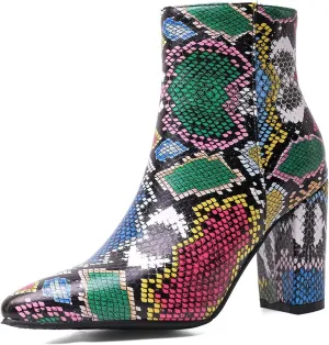 Elbslutt Women's Snake Print Booties Pointy Toe Chunky Heeled Zip Up Ankle Boots